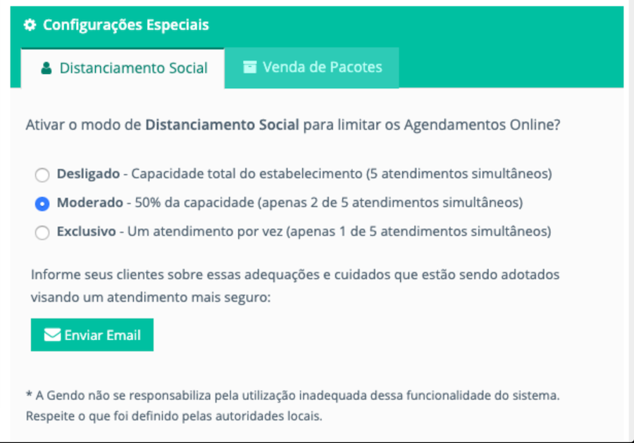 Configurar > Sistema > Distanciamento Social