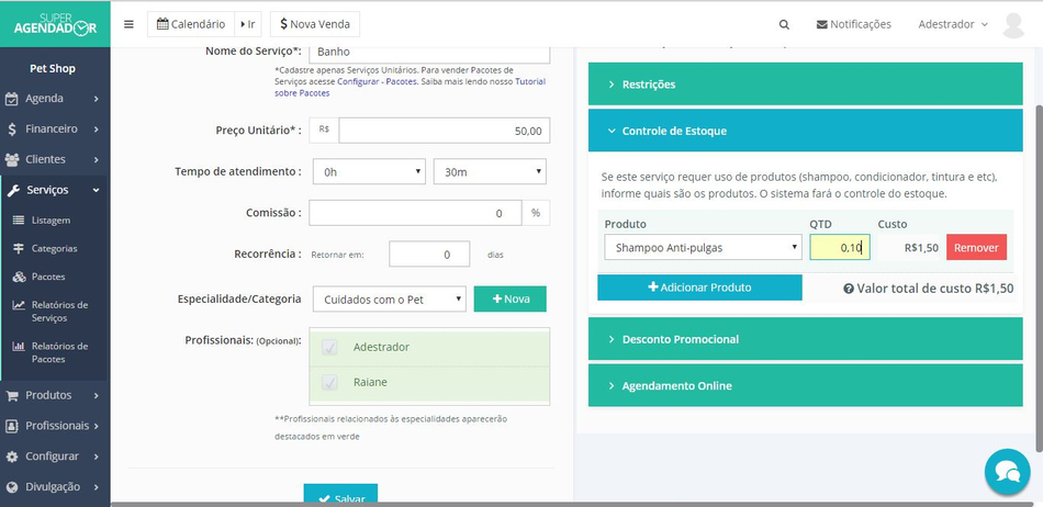 Novidade: Quantidade de produtos em estoque e gastos por serviço.