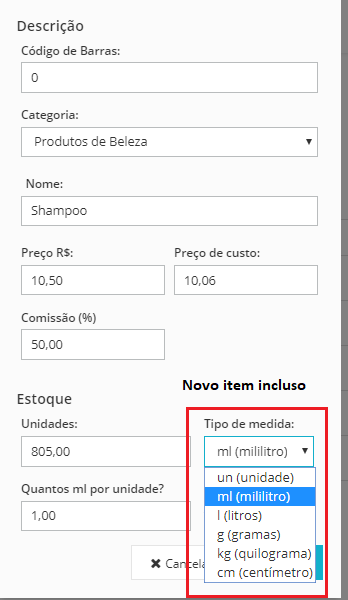Cadastro de produtos por unidade de medida