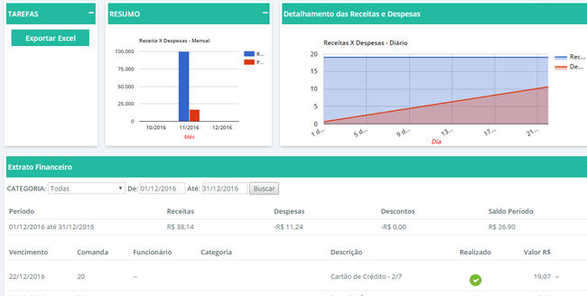 Tela de controle financeiro