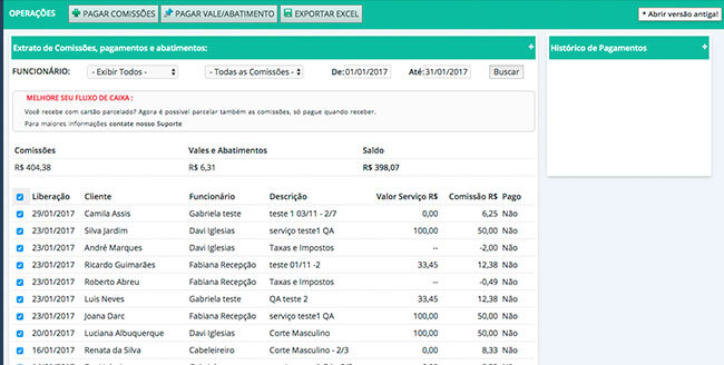 Tela de Salários e Comissões